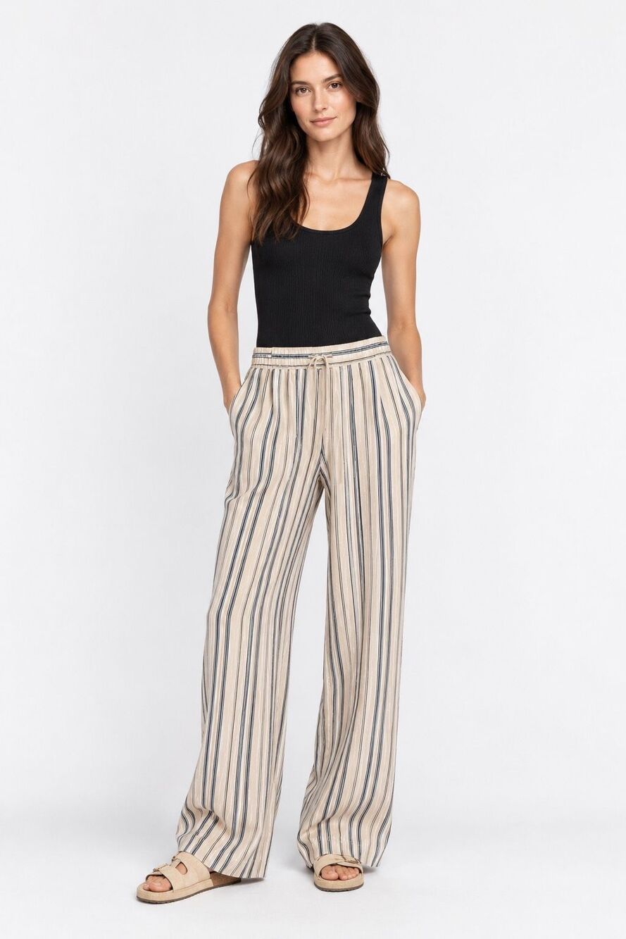 KOTN Pull On Striped Wide Leg Lyocell Trousers Marshmallow Midnight NWT XXS
